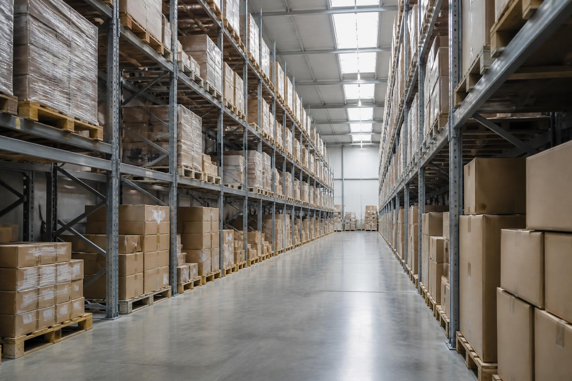 Warehouse aisle with pallet racking and stored goods