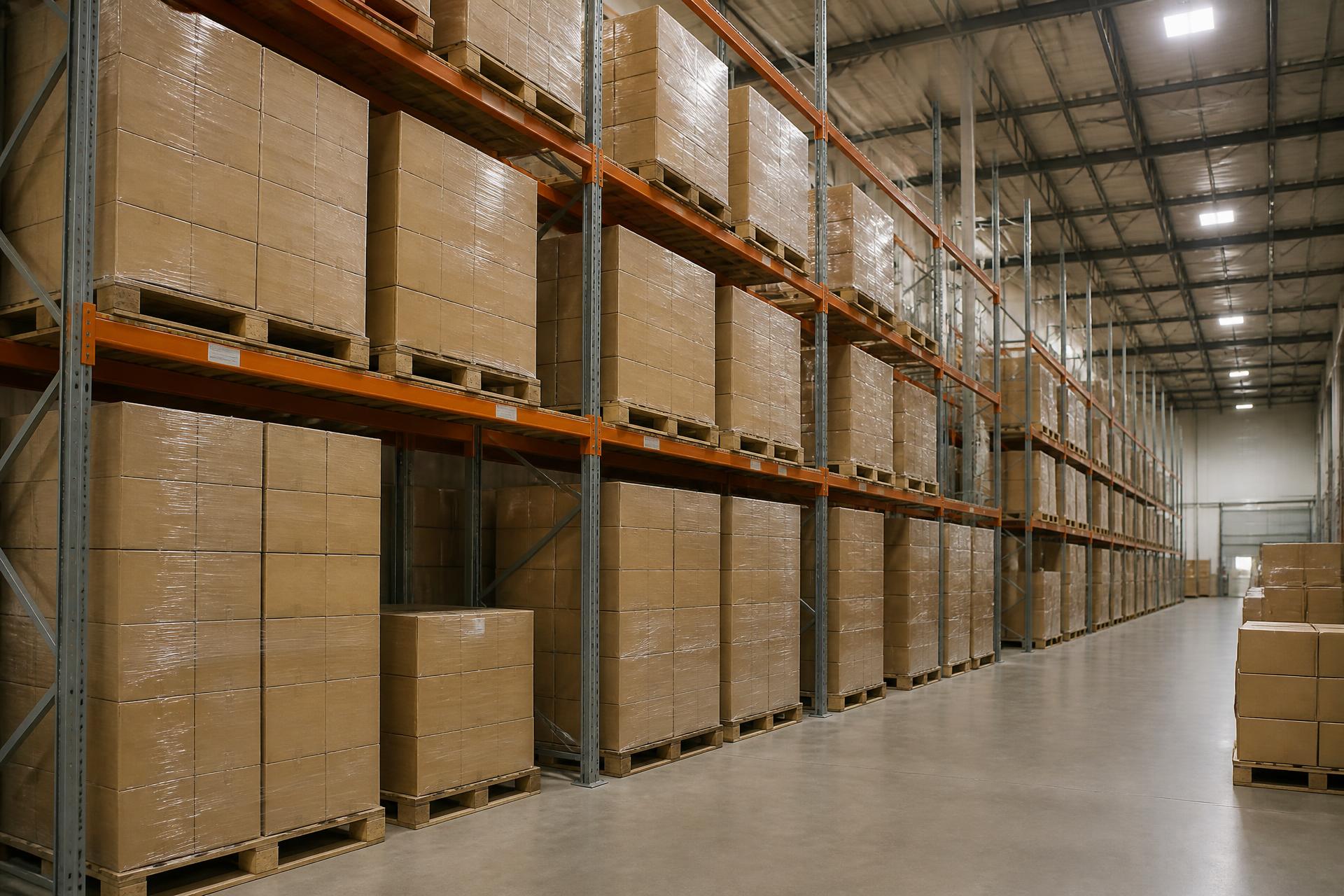 Racking bays with palletised stock ready for dispatch